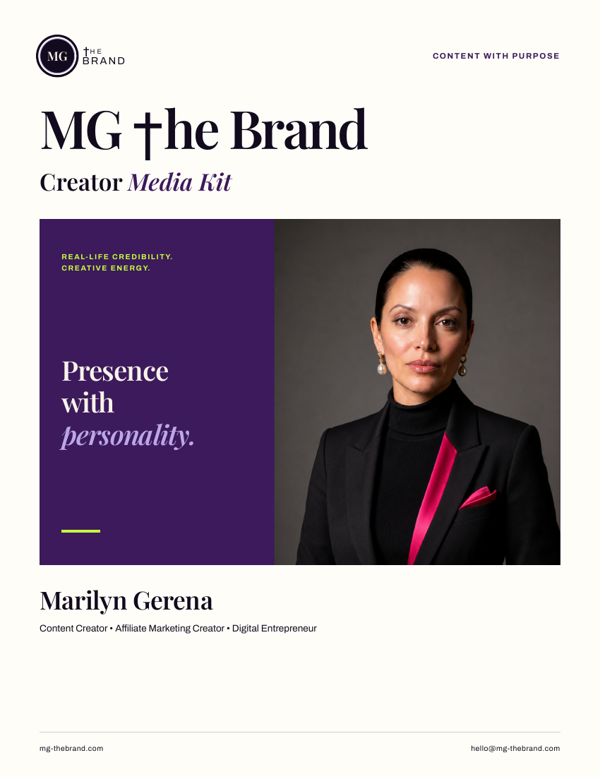 Cover of Marilyn’s MG The Brand creator media kit, featuring her portrait and branded editorial design